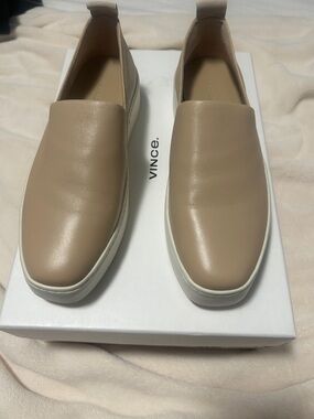 Vince Taupe Leather Slip-On Sneakers with White Soles